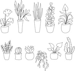 Set home plants in trendy mono line style - art deco. Isolated vector flowerpots.