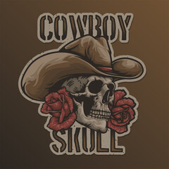 Vintage Cowboy Skull Head with Roses Flower Mascot Vector Logo Illustration