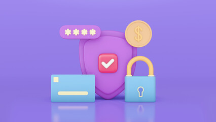 Concept user Account protection. Coin money Online Payments and banking secure. 3d render