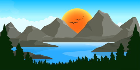 Summer mountain landscape against the background of the sunset, a calm mountain lake and a coniferous forest on the shore © OlegF