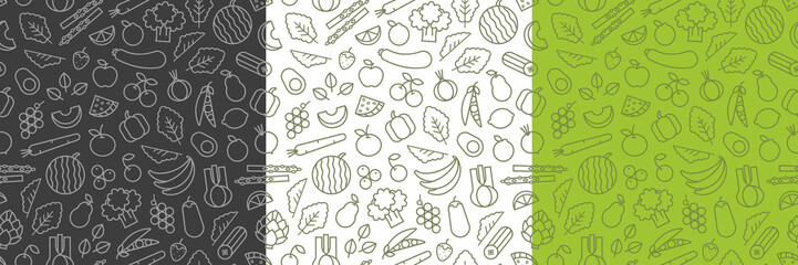 Food pattern. Seamless pattern of vegetables, fruits and berries in outline style, vector illustration. Collection