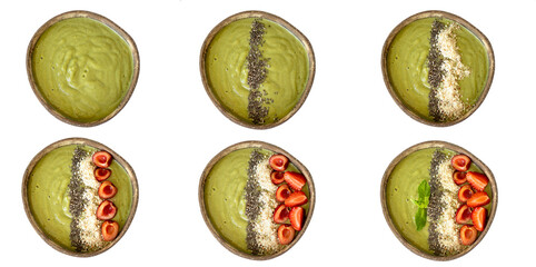 Healthy Breakfast. Smoothie green bowl step by step. Collage on isolated white background