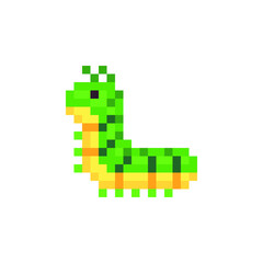 Caterpillar insect. Pixel art 80s style icons. Element design for stickers, logo, embroidery, mobile app. Video game assets 8-bit sprite. Isolated vector illustration.