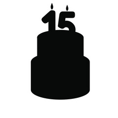Festive silhouette cake with a fifteen-year-old candle in a flat style. Vector illustration