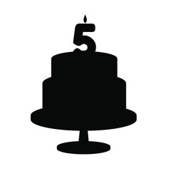 Festive silhouette cake with a candle of five years old. Vector illustration
