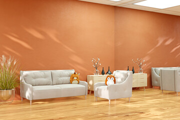 Fototapeta na wymiar Interior of a living room with large wall mirror and terra cotta wall, 3d rendered illustration.