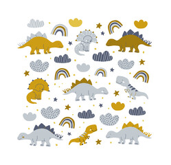 Poster spot illustration with dinosaurs, rainbows, clouds on white. Baby boy dino poster design