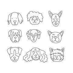 Outline dogs faces on white. Ink black and white dog portraits in doodle hand drawn style