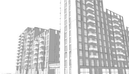 3d illustration of a dense residential blocks. Housing units with balconies in high-rise building. Shops on the ground floor. Image in black and white colors with shadows. 