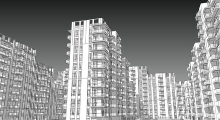 3d illustration of a crowded residential complex in a city. Homes with balconies in high-rise blocks.  Mass housing in a crowded neighborhood. Monochrome facade perspective with dark background.