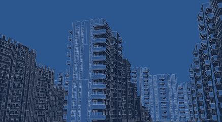 3d illustration of a crowded residential complex in a city. Homes with balconies in high-rise blocks.  Mass housing in a crowded neighborhood. Image in blueprint style. 
