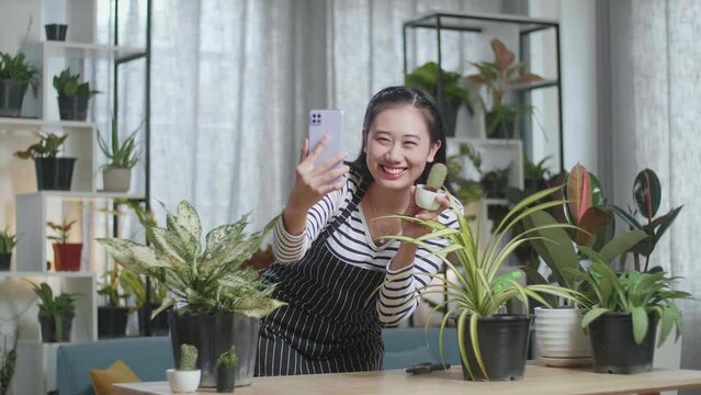 Smiling Asian Woman Holding Cactus Plant And Taking Photo By Smartphone At Home
