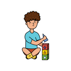 Cute little boy sitting, playing and making pyramid. Child building a tower from constructor cubes. Quiet activity kid. Vector illustration