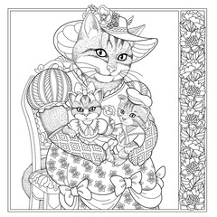 Cat animal portrait. Fairytale design, coloring book page for adults and kids