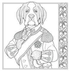 Dog animal portrait. Fairytale design, coloring book page for adults and kids