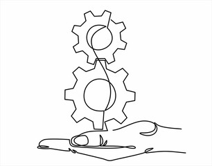 continuous one single line drawing of hand holding gears, tech development, engineering, technology