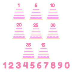 Fototapeta na wymiar Set of cakes with candles with age. Anniversary dates. Vector illustration