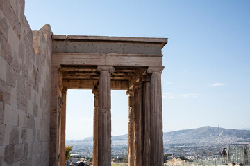 Fototapeta premium view on parthenone athens from small real parts, reconstruction in process