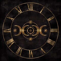 Mystical design of a vintage roman numbered clock and solar eclipse in the middle. Digital illustration. © natalia