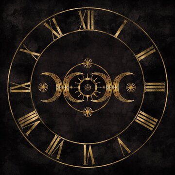 Mystical design of a vintage roman numbered clock and solar eclipse in the middle. Digital illustration.