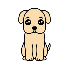 Cute labrador puppy sitting with outline. Little yellow dog with big eyes. Cartoon character. T shirt design element. Shy beige canine. Adopt a dog save life idea. Vector illustration, flat, clip art.