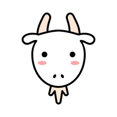 Cute goat head with outline. Kawaii character goat with horns. T shirt design element. Simple cartoon doodle drawing. Adorable animal face for nursery decoration. Vector illustration, flat, clip art. 