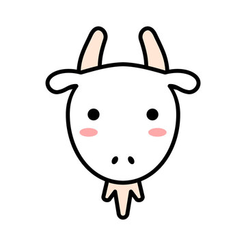 Cute goat head with outline. Kawaii character goat with horns. T shirt design element. Simple cartoon doodle drawing. Adorable animal face for nursery decoration. Vector illustration, flat, clip art. 