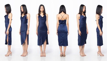 Full length body of Asian beautiful woman wear blue evening sequin gown