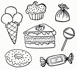 Set of sweets, black and white silhouettes, vector illustration.