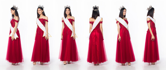 Full length of Miss Beauty Pageant Contest wear red evening sequin gown with diamond crown