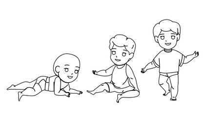 Baby Boy Growing To Schoolboy Maturity Vector. Toddler Baby Boy Grow To Preschooler, Infant Life, Transition And Development. Character Child In Diaper And Cute Clothes black line illustration