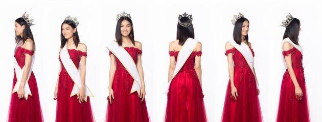 Half body of Miss Beauty Pageant Contest wear red evening sequin gown with diamond crown - obrazy, fototapety, plakaty