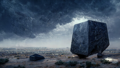 Abstrakte Fantasielandschaft mit einem großen Schieferstein in der Mitte. Science-Fiction-Landschaft eines Wüstenplaneten mit dramatischen Wolken, Sturmwolken. 3D-Darstellung.