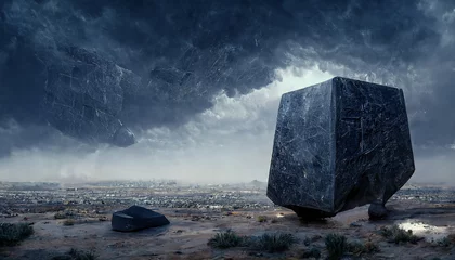 Foto op Aluminium Abstract fantasielandschap met een grote leisteen in het midden. Sci-fi landschap van een woestijnplaneet met dramatische wolken, onweerswolken. 3D illustratie. © MiaStendal