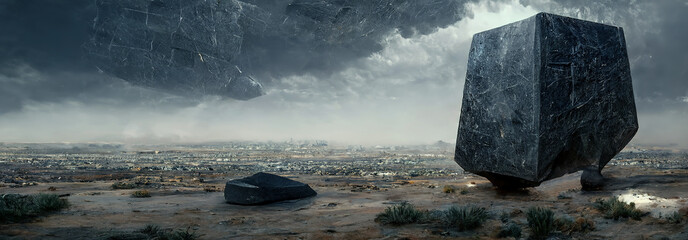 Abstract fantasy landscape with a large slate stone in the center. Sci-fi landscape of a desert planet with dramatic clouds, storm clouds. 3D illustration. © MiaStendal