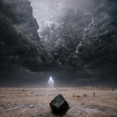 Abstract fantasy landscape with a large slate stone in the center. Sci-fi landscape of a desert planet with dramatic clouds, storm clouds. 3D illustration.