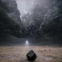 Foto op Plexiglas Abstract fantasielandschap met een grote leisteen in het midden. Sci-fi landschap van een woestijnplaneet met dramatische wolken, onweerswolken. 3D illustratie. © MiaStendal