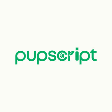 Simple and unique negative space hand dog and capsule on letter or word PUPSCRIPT font image graphic icon logo design abstract concept vector stock. Can be used as symbol related to dog or pet