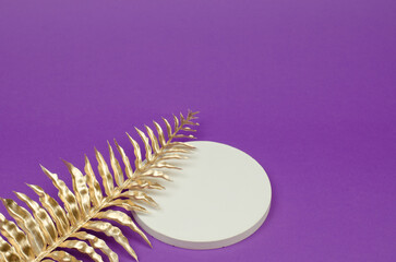 White round podium for advertising cosmetic products on a purple background. Empty display stand for packaging. Beauty cosmetic showcase