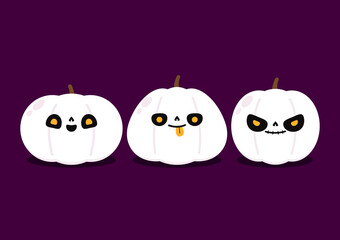 White pumpkin head vector. Happy halloween greeting card with cute skeleton face paint on pumpkin. Holidays cartoon character.