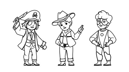 boy costume vector. child little kid hero, pirate, cowboy, person party art boy costume character. people black line pencil drawing vector illustration