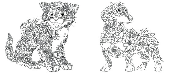 Kitten and dachshund dog coloring pages