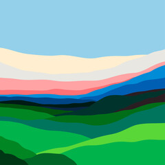 Obraz premium Natural abstract Landscape. Colorful sky, field, grass, green hills, horizon. Flat design. Nature, tourism, travel concept. Hand drawn trendy Vector illustration. Square background