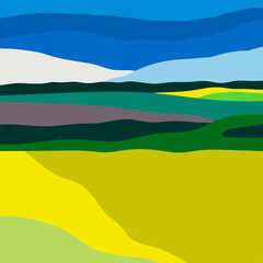 Natural abstract Landscape. Colorful sky, field, grass, green hills, horizon. Flat design. Nature, tourism, travel concept. Hand drawn trendy Vector illustration. Square background