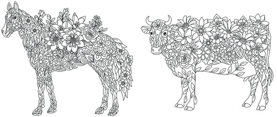 Horse and cow coloring pages