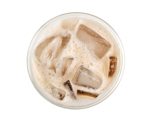 Takeaway plastic cup with cold coffee drink isolated on white, top view