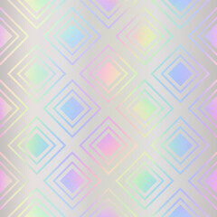 Holographic seamless pattern. Iridescent background. Repeated rainbow patern. Hologram geometric printing. Repeating holograph foil printed. Repeat neon texture for design prints. Vector illustration