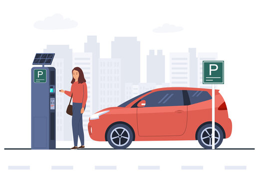 Woman pays for parking at parking machine. Vector illustration.