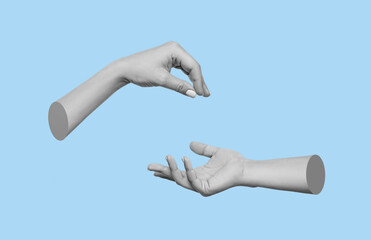 Female hand makes a gesture like handing the hanging object to outstretched hand isolated on a blue...