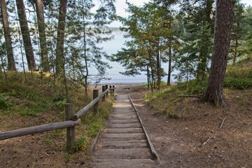 Wooden steps to seashore in summer at Kallahti, Helsinki, Finland.